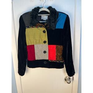 VTG Lucia Lukken Velvet Jacket Medium Black Faux Fur Collar Patchwork Preppy